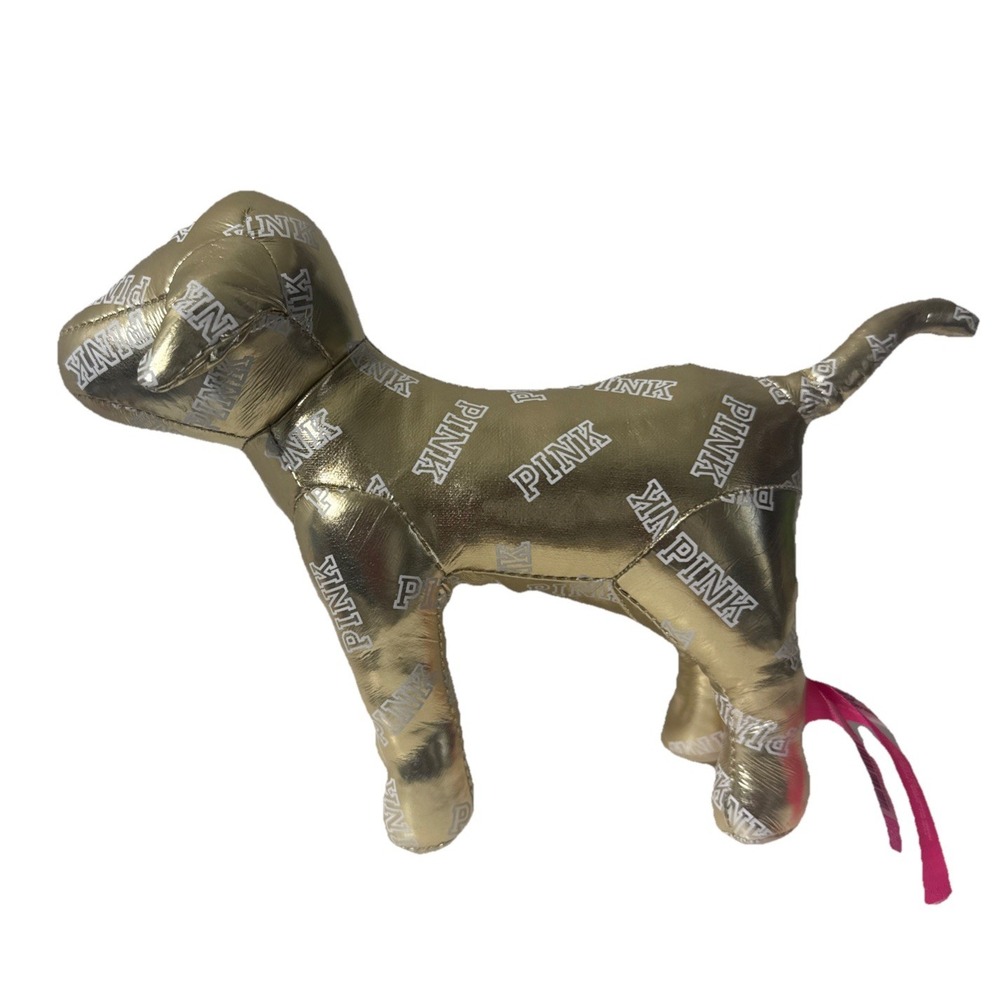 2014 Victoria Secret Plush‎ PINK Dog SHINY Metallic Gold w/ "PINK" Words 8"